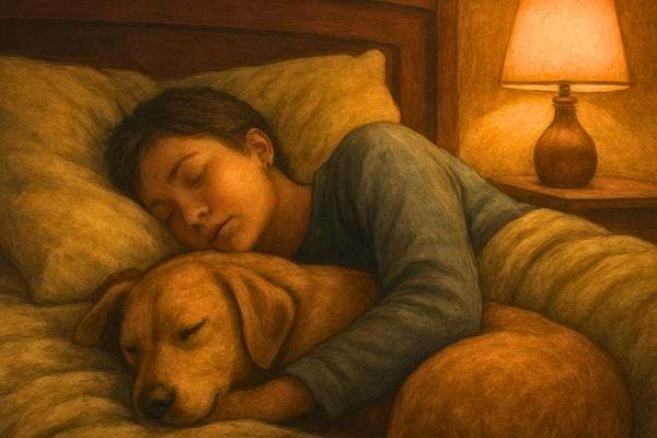 Une femme dort en serrant son chien contre elle. La lampe allumee cree une ambiance rassurante.