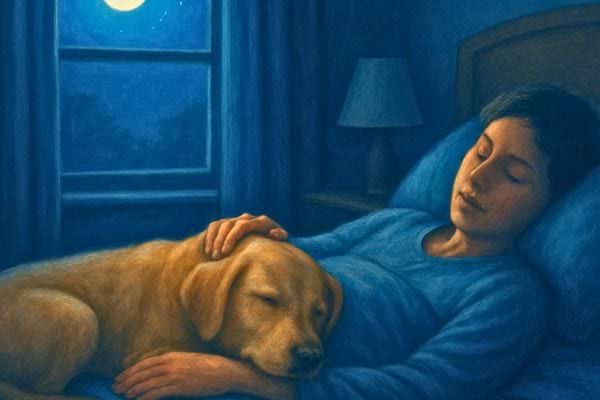 Une femme caresse son chien pendant son sommeil. La nuit bleue renforce le calme de la scene.