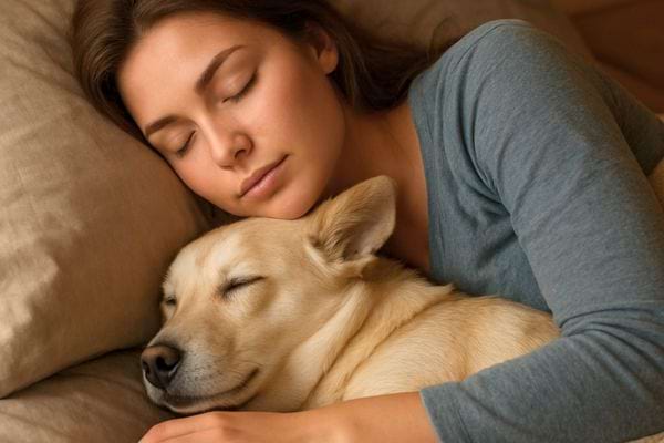 Une femme repose aux cotes de son chien. Les deux dorment profondement dans un cadre serein.