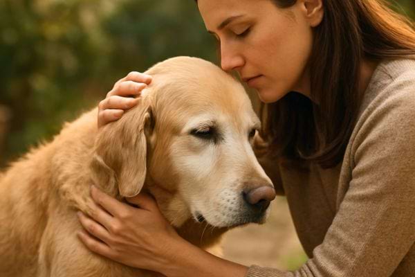 une femme enlace un chien age avec tendresse dans un moment de reconfort et de tristesse partagee