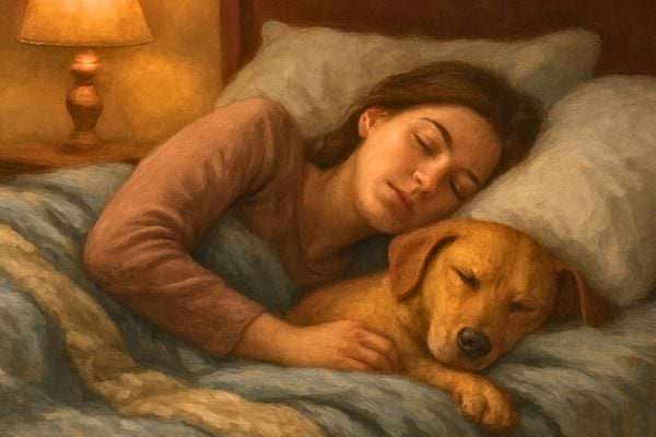 Une femme dort paisiblement dans son lit. Son chien repose contre elle dans une atmosphere chaleureuse.