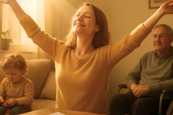 femme souriante leve les bras dans un salon lumineux pendant que sa famille est assise derriere elle
