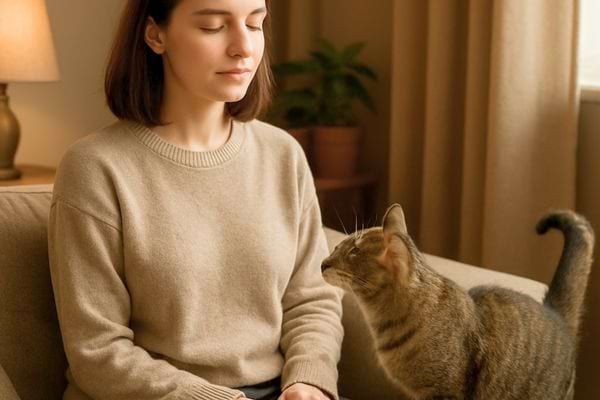 Une femme medite assise pendant qu un chat s approche. L atmosphere est douce et apaisante.