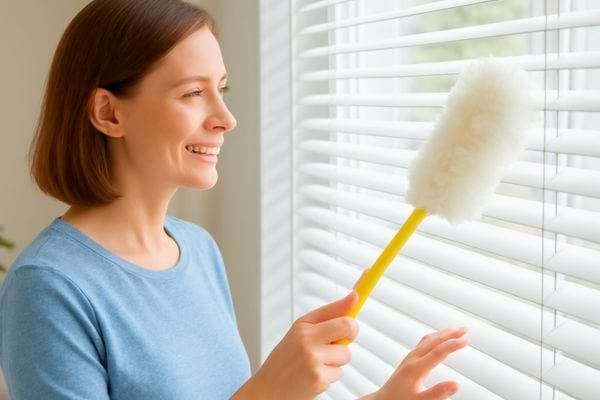 Une femme souriante depoussiere des stores blancs avec un plumeau jaune pres dune fenetre lumineuse.