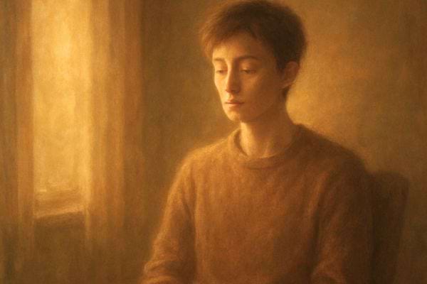  Femme assise pres d une fenetre baignee de lumiere chaude avec une expression introspective et calme.