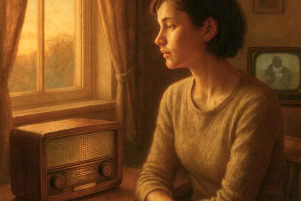 Femme assise pres d une radio ancienne regardant par la fenetre dans une atmosphere nostalgique.