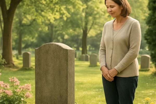 femme debout devant une tombe les mains jointes dans un cimetiere baigne de lumiere douce