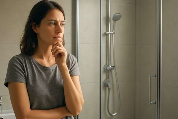 une femme se tient devant une douche les bras croises en train de reflechir a une decision