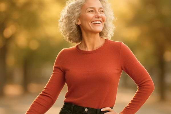 femme mature souriante en exterieur portant un pull rouge avec une posture confiante et detendue