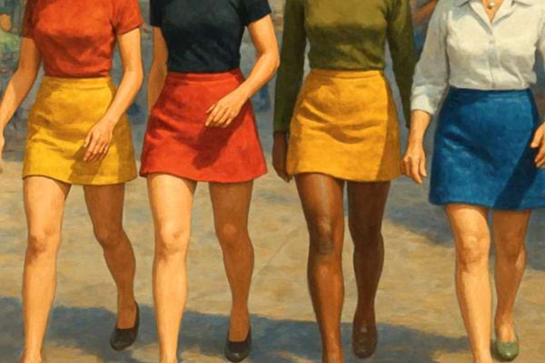 groupe de femmes marchant ensemble portant des jupes colorees dans une scene artistique dynamique