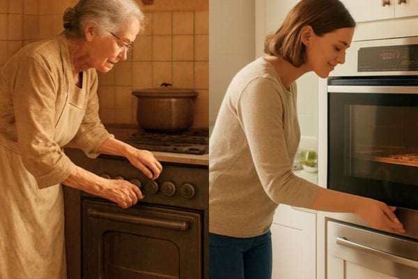 deux femmes de generations differentes reglent et ouvrent un four dans une cuisine lumineuse