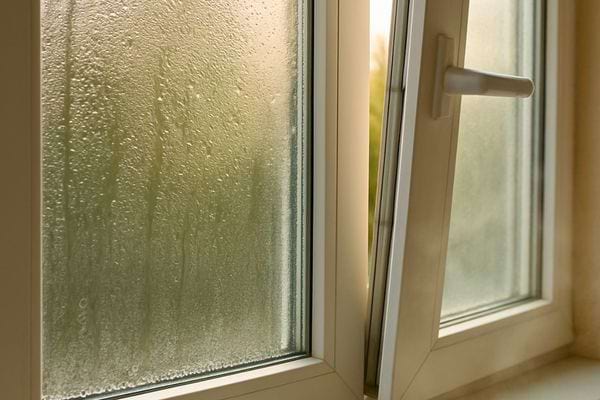 Une fenetre est couverte de busee et de gouttelettes. L image montre un probleme de condensation et d humidite.