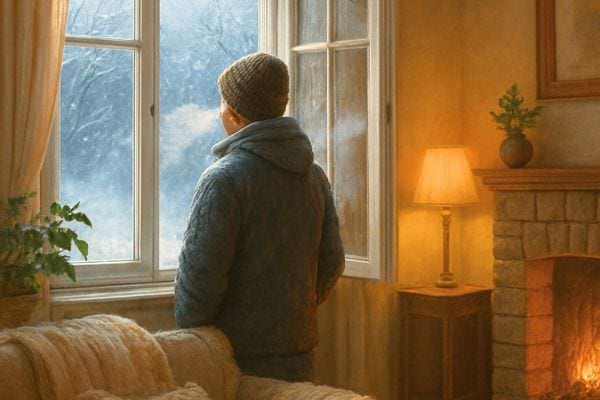 Une chambre eclairee par une lampe montre une fenetre humide. 