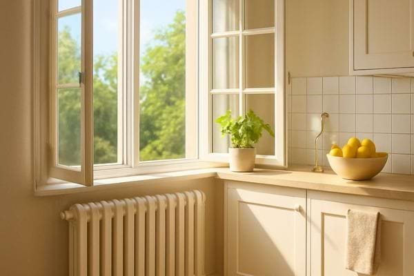 Une fenetre de cuisine est ouverte laissant entrer la lumiere naturelle et l air frais.