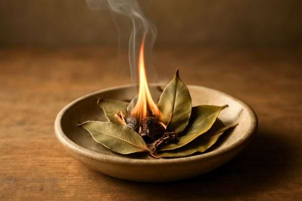 Feuilles de laurier en train de bruler dans un bol, flamme visible et fumee fine sur une table en bois.