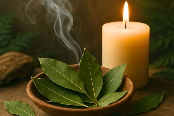 Bol avec feuilles de laurier vertes et fumee douce, une bougie allumee cree une ambiance calme et naturelle.