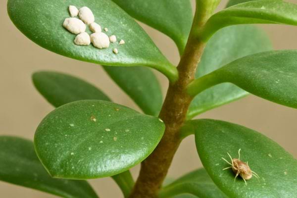 Gros plan sur feuilles de plante jade avec parasites blancs et petit insecte visible.