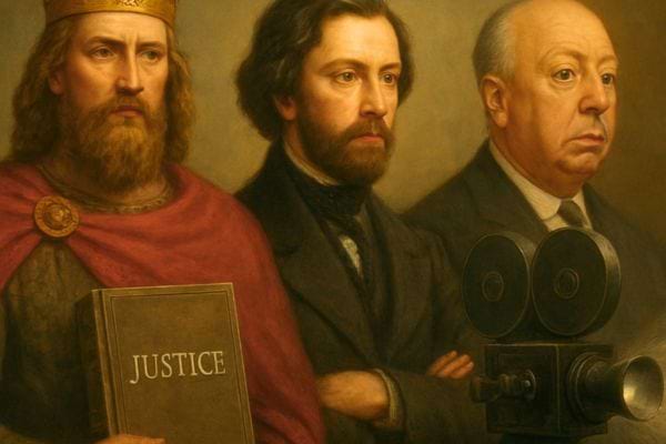 trois hommes alignes representant la justice le pouvoir et le cinema dans une scene symbolique