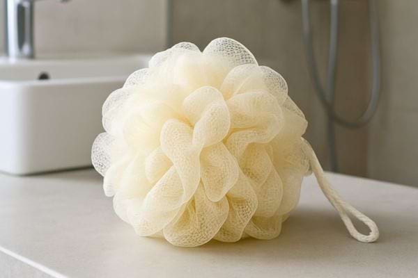 fleur de douche beige posee pres d un lavabo de salle de bain