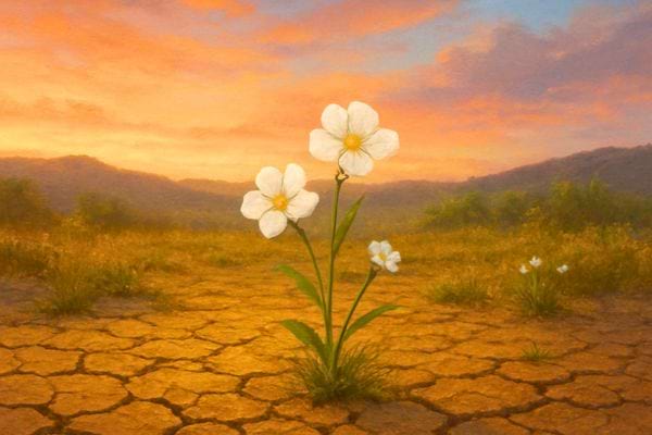 Une fleur blanche pousse dans un sol craquele symbolisant la resilience et l espoir.