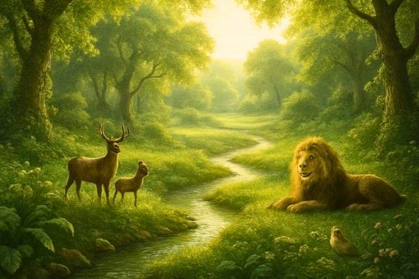 scene symbolique montrant un lion et des cerfs paisibles dans une foret lumineuse