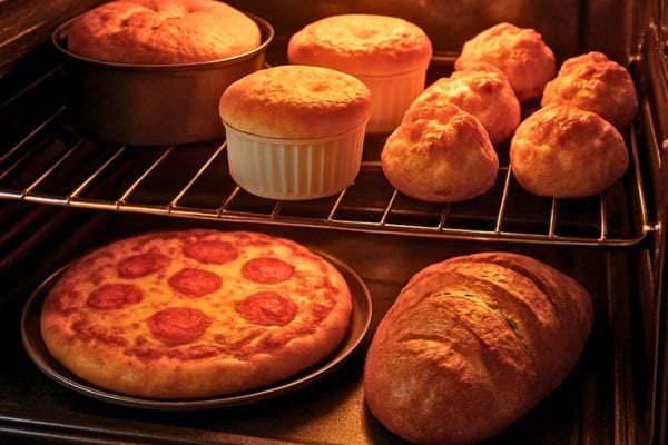 divers pains pizzas et gateaux dorent tranquillement a l interieur du four chaud