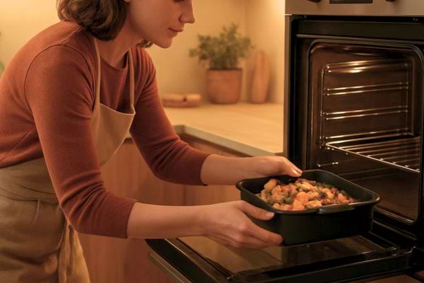 une personne glisse un plat fait maison dans un four allume dans une cuisine chaleureuse