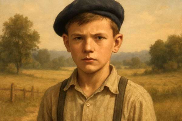 jeune garcon habille a lancienne regarde fixement la camera dans un decor rural