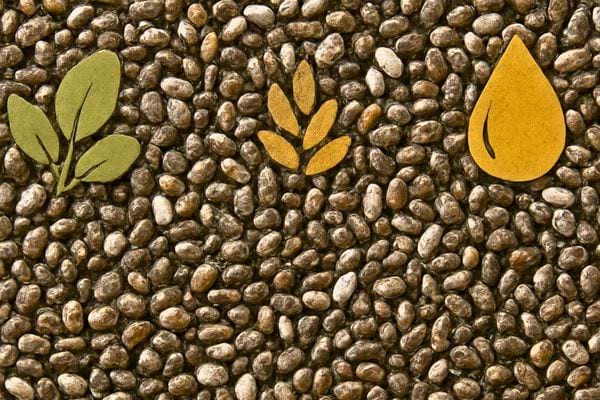 Des graines de chia forment un fond texture. Des symboles evoquent nature fibres et hydratation.