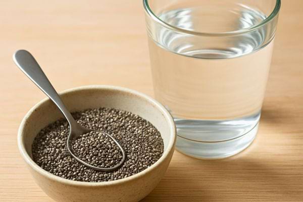 Un bol de graines de chia est pose pres d un verre d eau. L image evoque une consommation quotidienne.