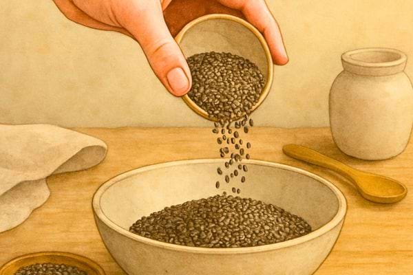 Une main verse des graines de chia dans un bol. La scene montre la preparation simple d un aliment sain.