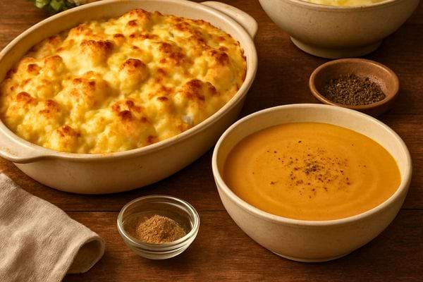 Un gratin de chou fleur au fromage est servi avec une soupe. La surface est bien gratinee.