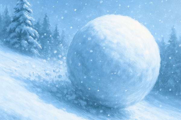 Une enorme boule de neige repose sur une pente enneigee dans un paysage hivernal.