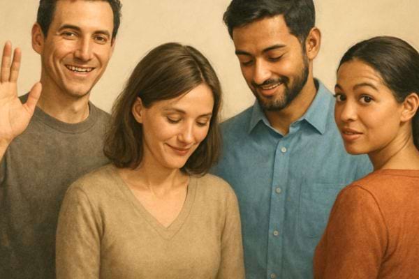 quatre adultes se tiennent ensemble souriants comme lors d un moment de partage amical