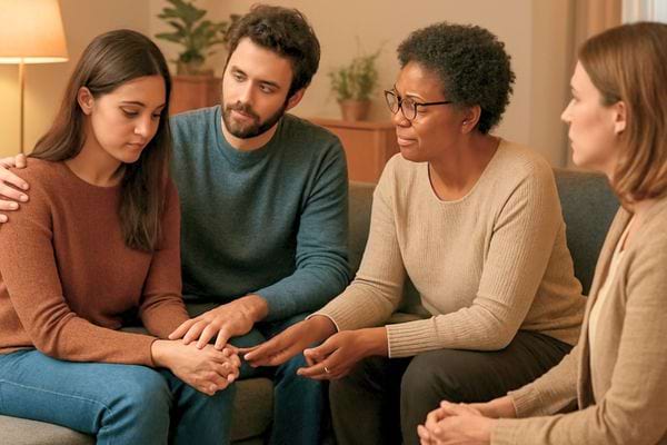 Un groupe d adultes soutient une jeune femme assise. Les gestes montrent empathie ecoute et accompagnement emotionnel.