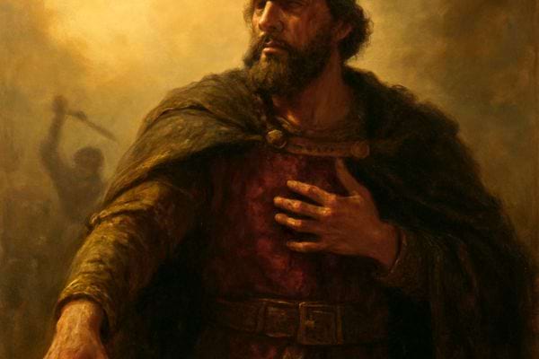 Homme barbu en tenue ancienne posant la main sur sa poitrine dans une scene dramatique et heroique