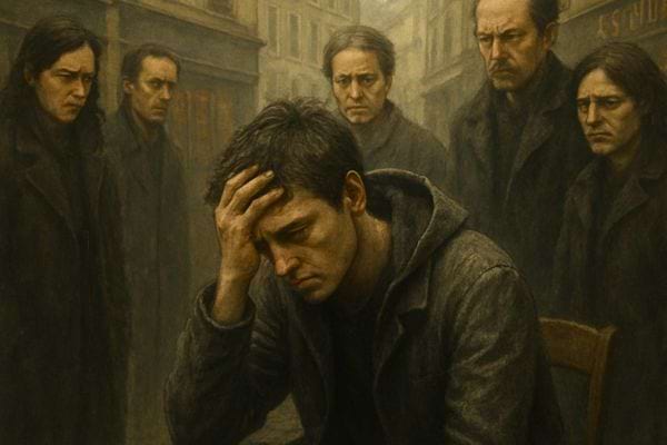 Un homme se tient la tete baissee. Des silhouettes derriere lui evoquent pression jugement et culpabilite.