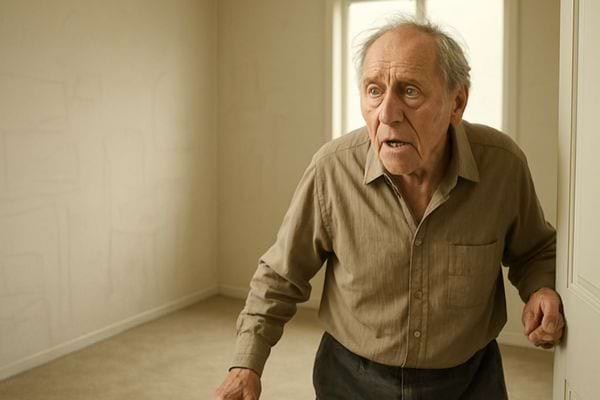 Un homme age semble perdu dans une piece vide et claire, regard inquiet et posture hesitante pres dune porte.
