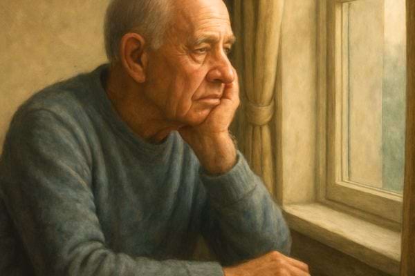 homme age pensif regarde par la fenetre avec une expression melancolique et reflechie