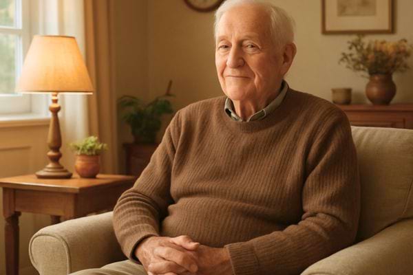 homme age assis dans un fauteuil regarde calmement devant lui dans un interieur chaleureux