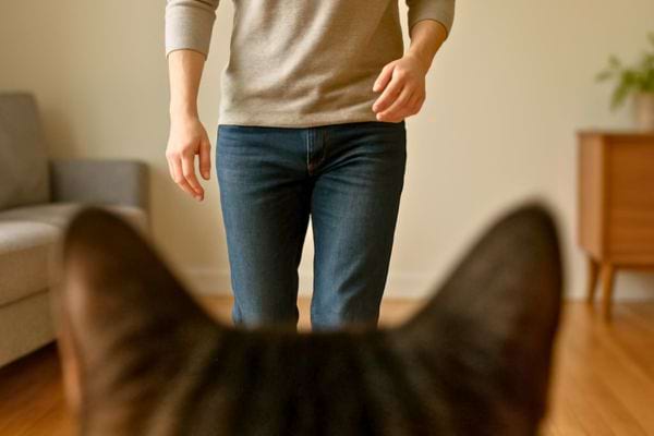 Un homme avance lentement vers un chat vu de son point de vue dans un salon lumineux.