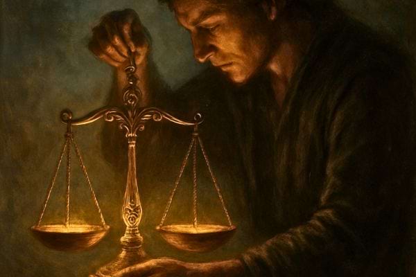 Un homme tient une balance dans l ombre. L image evoque justice equilibre et reflexion morale.
