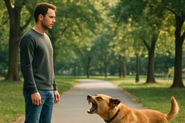 Un homme reste calme dans un parc pendant qu un chien aboie devant lui.