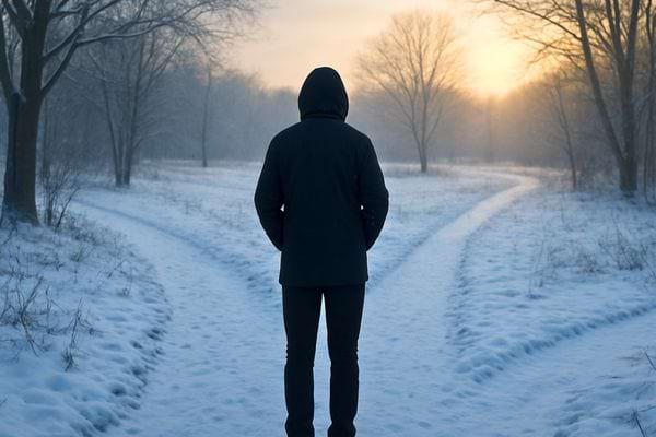 Un homme se tient sur un chemin enneige qui se separe. L image symbolise un choix difficile a faire.