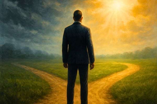 Un homme regarde deux chemins sous un ciel lumineux. La scene represente une decision importante de vie.