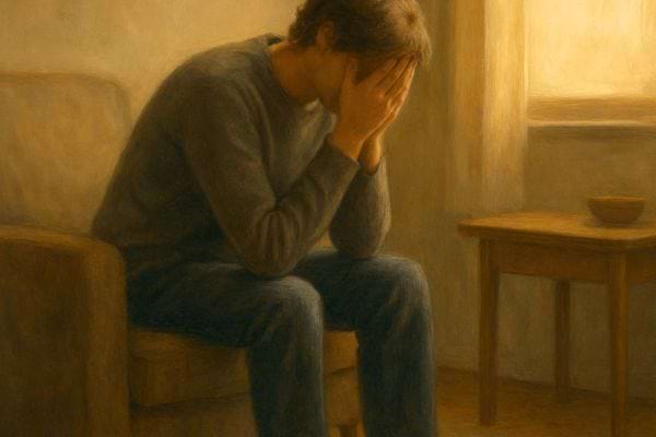 Un homme est assis seul la tete cachee. La piece vide renforce le sentiment de detresse profonde.