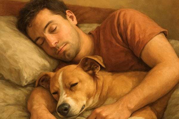 Un homme dort avec son chien blotti contre lui. Leur position montre une grande complicite.