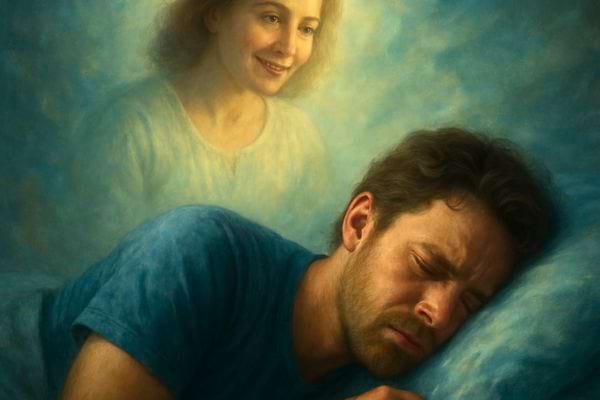 Homme endormi sur un oreiller avec une presence feminine lumineuse evoquant protection et apaisement.