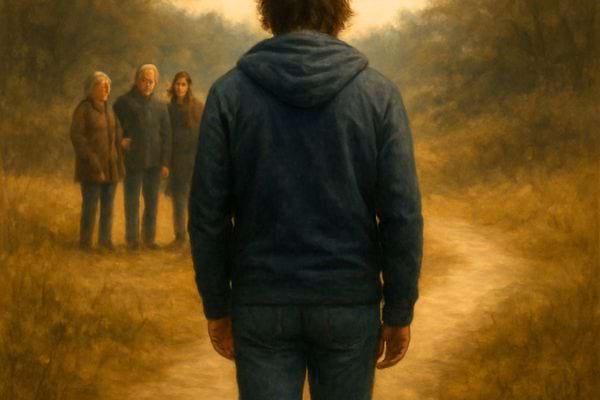 Un homme marche seul tandis qu un groupe reste en arriere. La scene evoque rejet rupture et isolement.