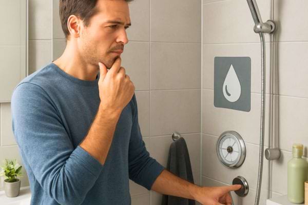 un homme regarde le robinet de douche avec un air pensif comme sil cherchait a reduire sa consommation deau